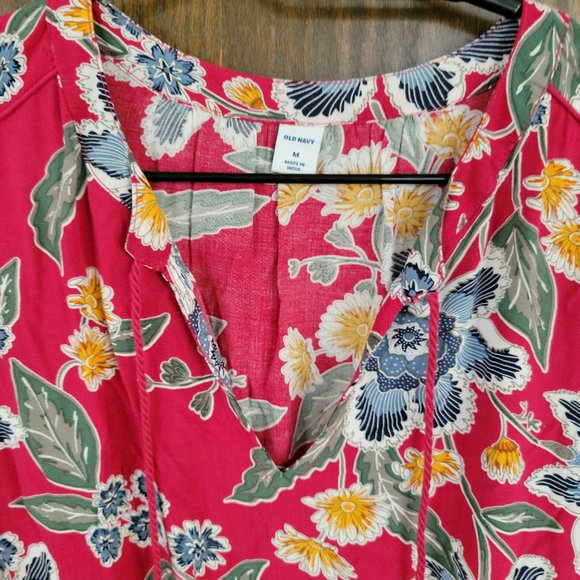Old Navy Boho Chic Tassel Tie Red Blue Long Sleeve Fall Floral Dress Size Medium - Picture 13 of 14